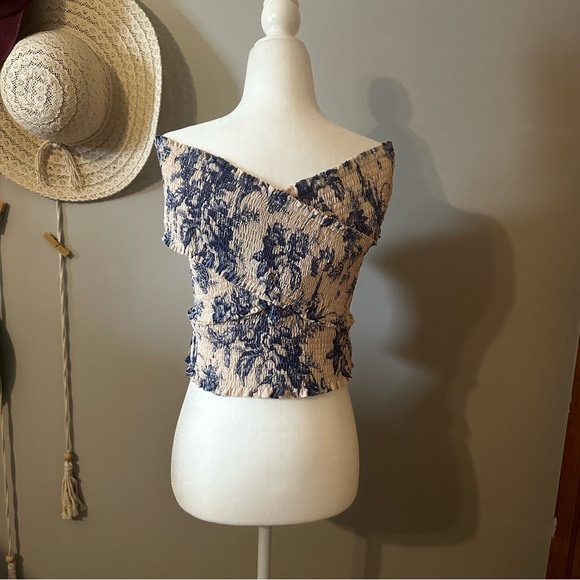 Express Blue Ivory Floral Smocked Off The Shoulder Wrap Cropped Top - Picture 3 of 12